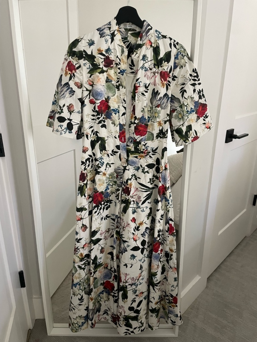 ERDEM White Floral Button-Front Maxi Dress with Red, Blue and Green Blooms